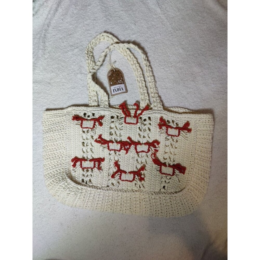 Crochet Cream & Red Large Handmade Vacation Beach Tote Bag W‎ Cute Crabs